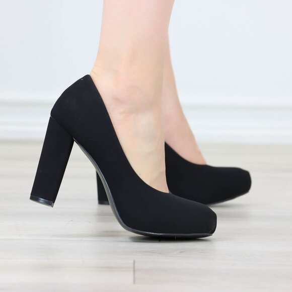 Classic Black Platform Block High Heels Slip On Round Toe Office Pumps Nubuck - Picture 11 of 12